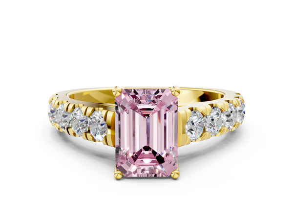 Yellow gold Fancy Pink Emerald  Cut Diamond Solitaire Ring with Micro Pave Band and Prong Setting
