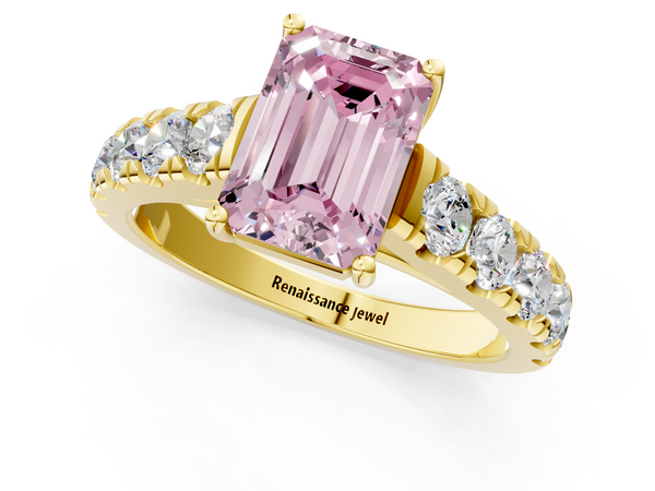 Yellow gold Fancy Pink Emerald  Cut Diamond Solitaire Ring with Micro Pave Band and Prong Setting
