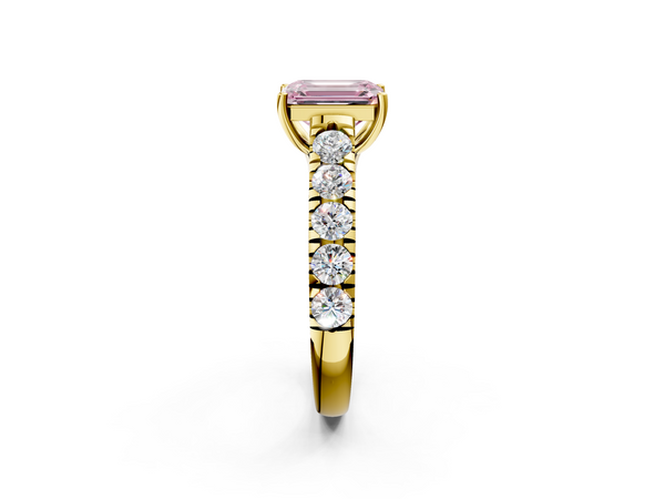 Yellow gold Fancy Pink Emerald  Cut Diamond Solitaire Ring with Micro Pave Band and Prong Setting