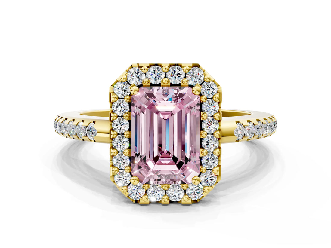 Yellow gold Fancy Pink Emerald Cut Diamond Pavé Halo Ring with Four-Prong Setting_36