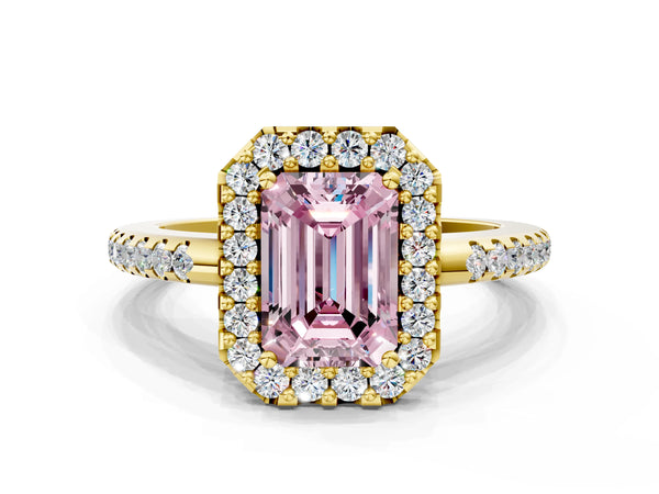 Yellow gold Fancy Pink Emerald Cut Diamond Pavé Halo Ring with Four-Prong Setting