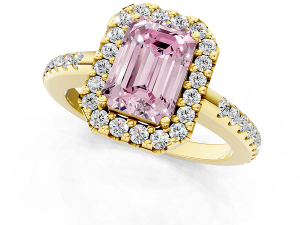 Yellow gold Fancy Pink Emerald Cut Diamond Pavé Halo Ring with Four-Prong Setting