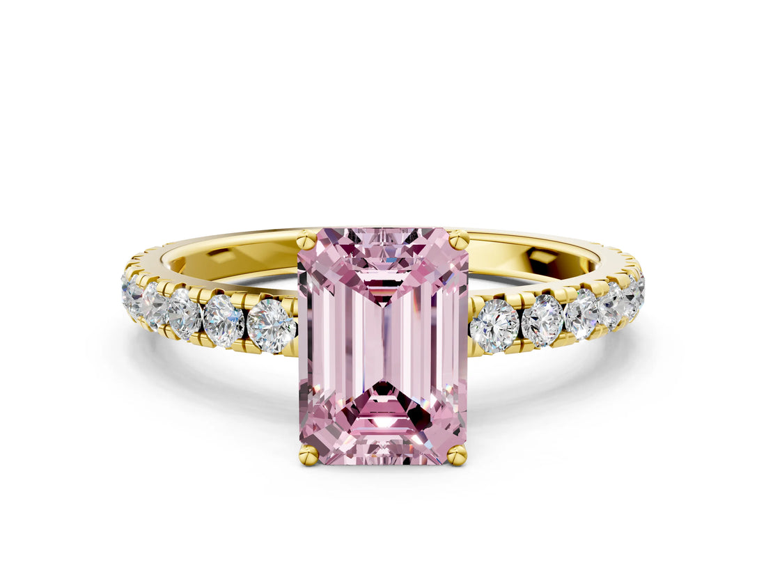 Yellow gold Fancy Pink Emerald Cut Diamond Pavé Solitaire Engagement Ring with Four-Prong Setting_53