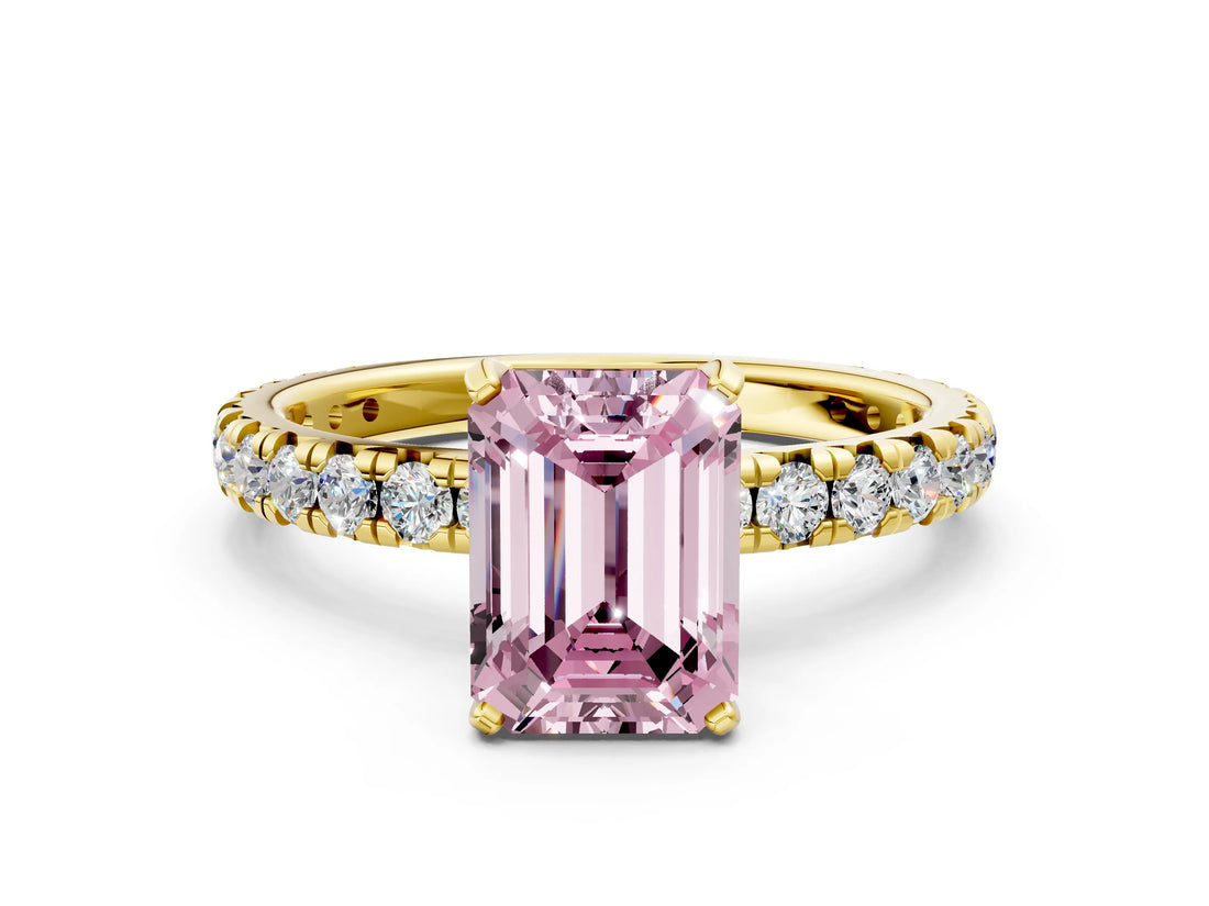Yellow gold Fancy Pink Emerald Cut Diamond Pavé Solitaire Ring with Round Band and Prong Setting_12