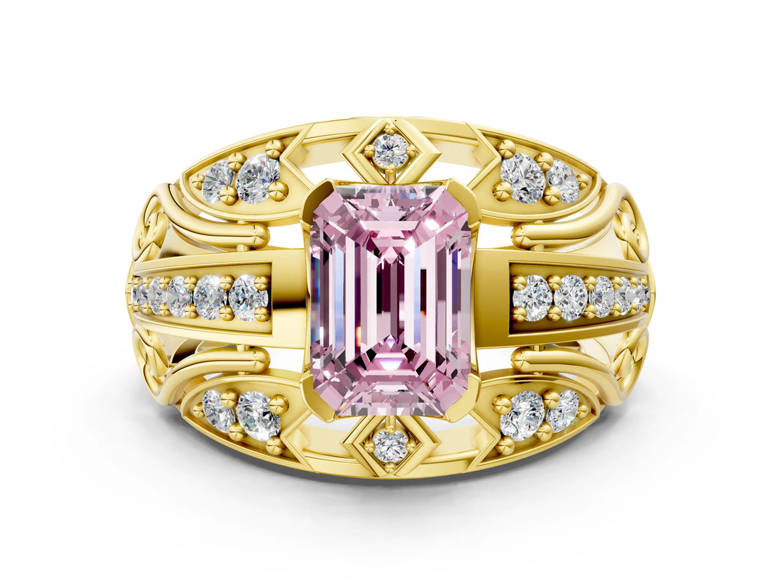 Yellow gold Fancy Pink Emerald Cut Diamond Pave Art Deco Split Shank Ring with Four-Prong Setting