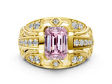 Yellow gold Fancy Pink Emerald Cut Diamond Pave Art Deco Split Shank Ring with Four-Prong Setting