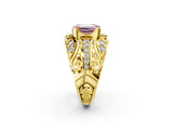 Yellow gold Fancy Pink Emerald Cut Diamond Pave Art Deco Split Shank Ring with Four-Prong Setting_2