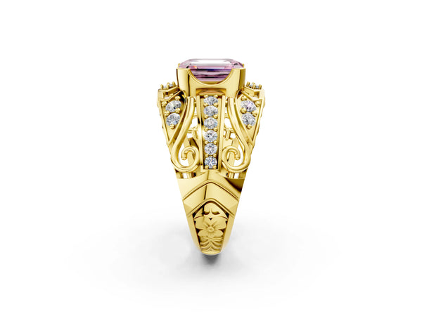Yellow gold Fancy Pink Emerald Cut Diamond Pave Art Deco Split Shank Ring with Four-Prong Setting