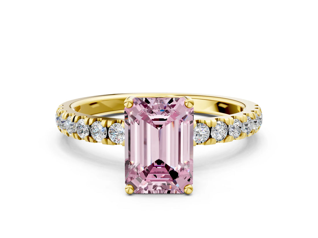 Yellow gold Fancy Pink Emerald Cut Diamond Pave Band Solitaire Ring with Four-Prong Setting_58