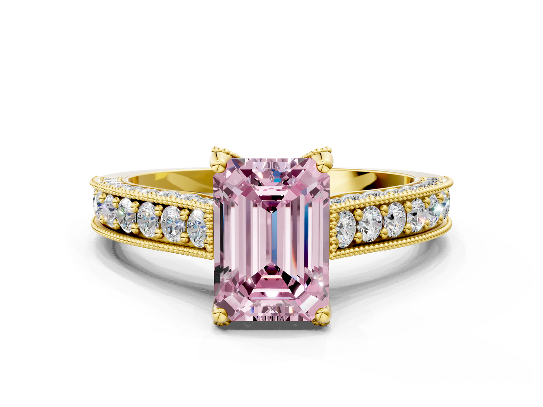 Yellow gold Fancy Pink Emerald  Cut Diamond Pave Band with Four-Prong Setting_20