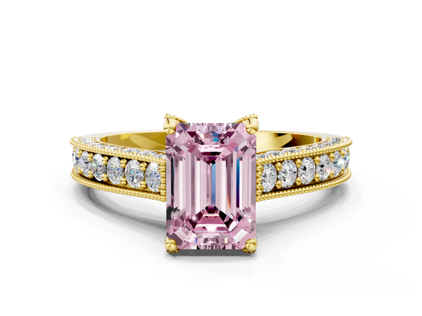 Yellow gold Fancy Pink Emerald  Cut Diamond Solitaire Ring with Milgrain Pave Band and Four Prong Setting