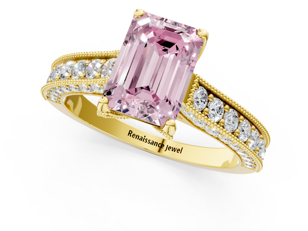 Yellow gold Fancy Pink Emerald  Cut Diamond Solitaire Ring with Milgrain Pave Band and Four Prong Setting