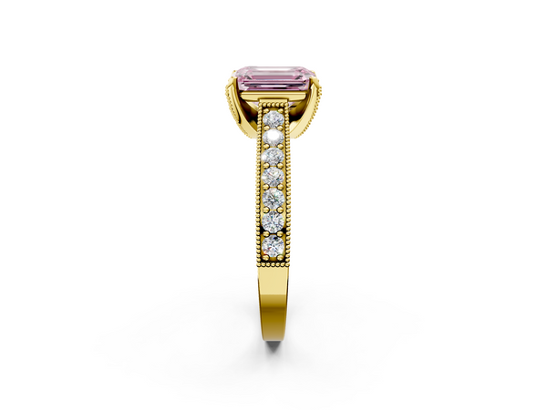 Yellow gold Fancy Pink Emerald  Cut Diamond Solitaire Ring with Milgrain Pave Band and Four Prong Setting