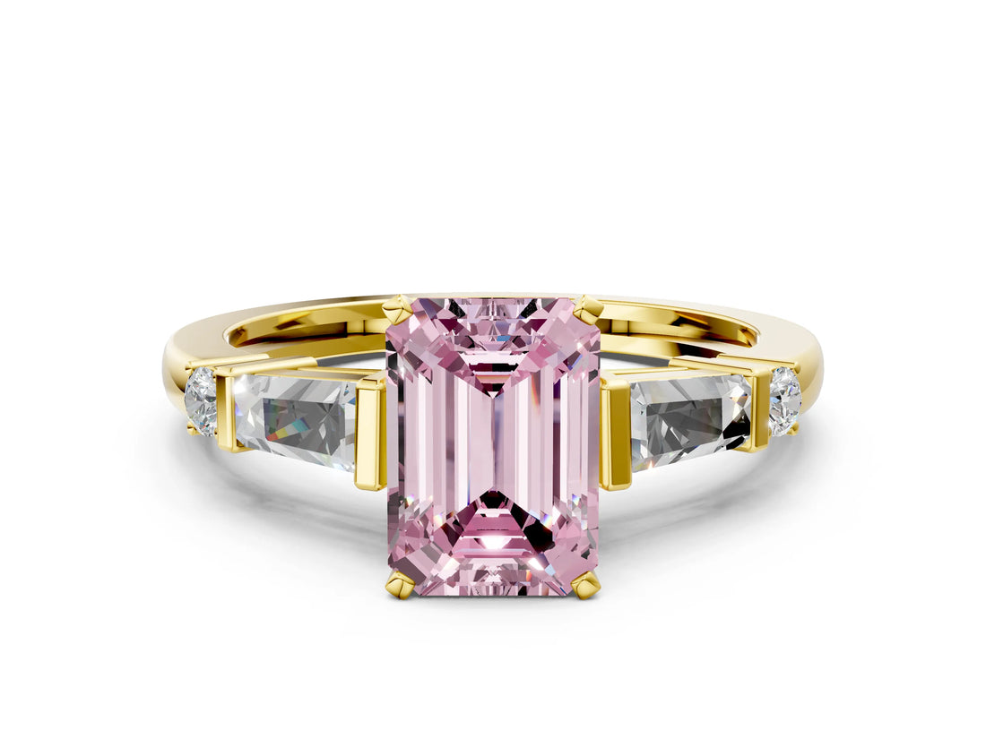 Yellow gold Fancy Pink Emerald  Cut Diamond Ring with Baguette Side Stones, Channel Set Band, and Four-Prong Setting_24