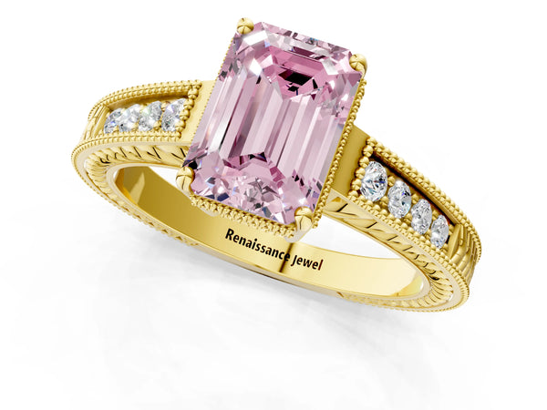 Yellow gold Fancy Pink Emerald Cut Diamond Ring with Milgrain Pavé Band and Four-Prong Setting