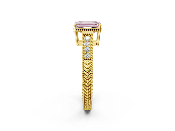 Yellow gold Fancy Pink Emerald Cut Diamond Ring with Milgrain Pavé Band and Four-Prong Setting