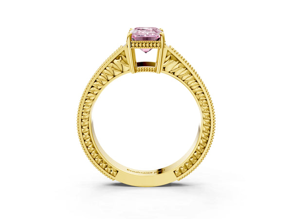 Yellow gold Fancy Pink Emerald Cut Diamond Ring with Milgrain Pavé Band and Four-Prong Setting