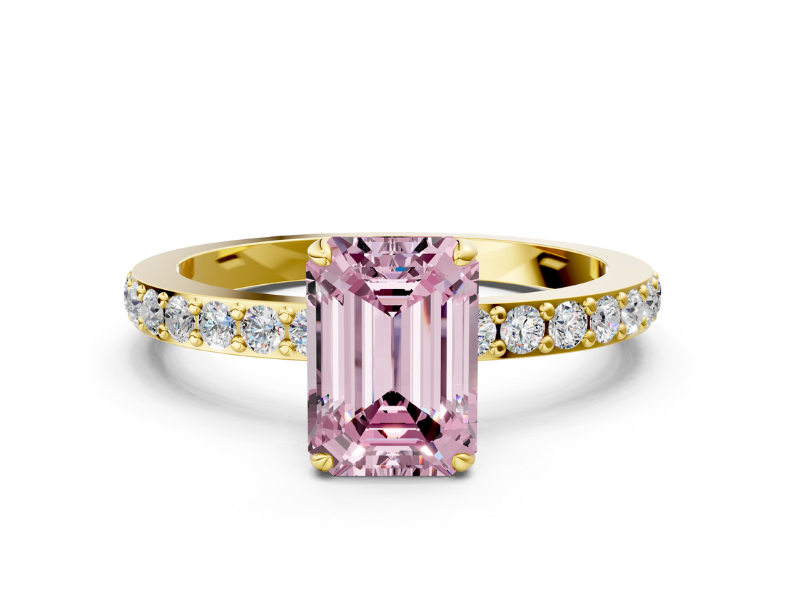Yellow gold Fancy Pink Emerald  Cut Diamond Ring with Pavé Band and Four-Prong Setting_36