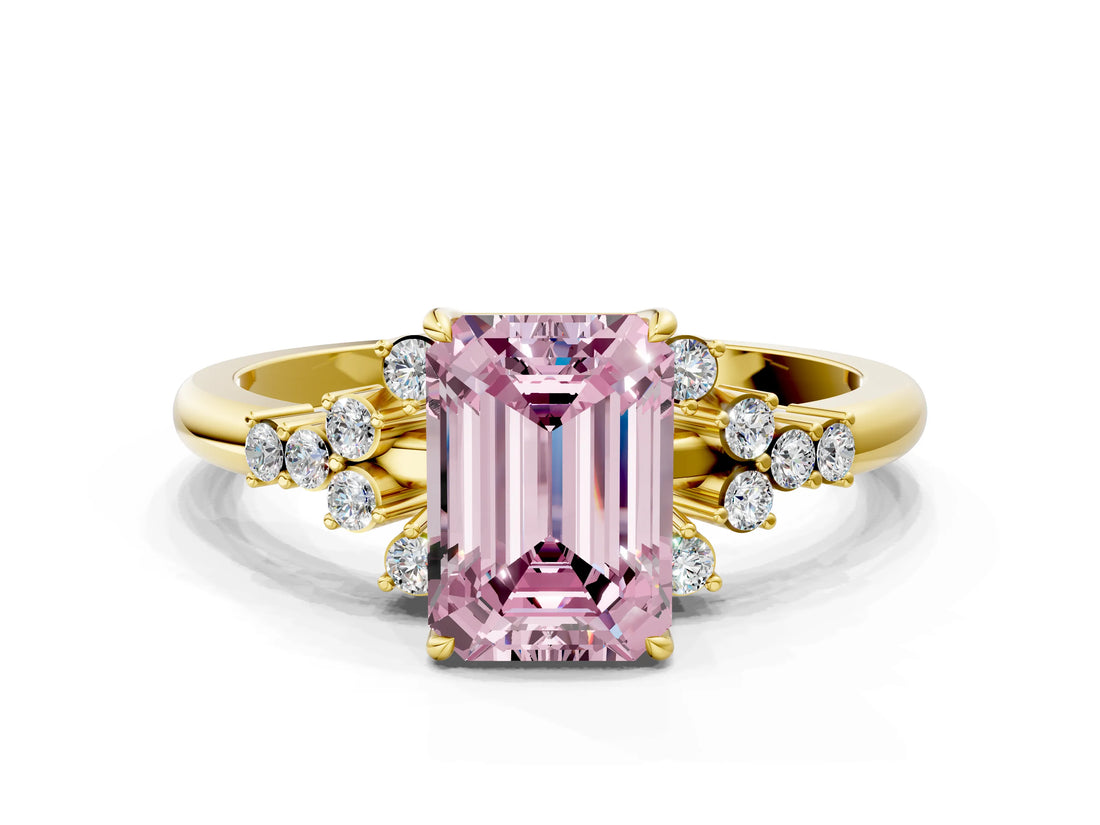 Yellow gold Fancy Pink Emerald Cut Diamond Ring with Side Stones and Four-Prong Setting_98