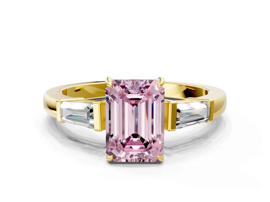 Yellow gold Fancy Pink Emerald  Cut Diamond Ring with Tapered Baguette Side Stones in Four-Prong Setting_3