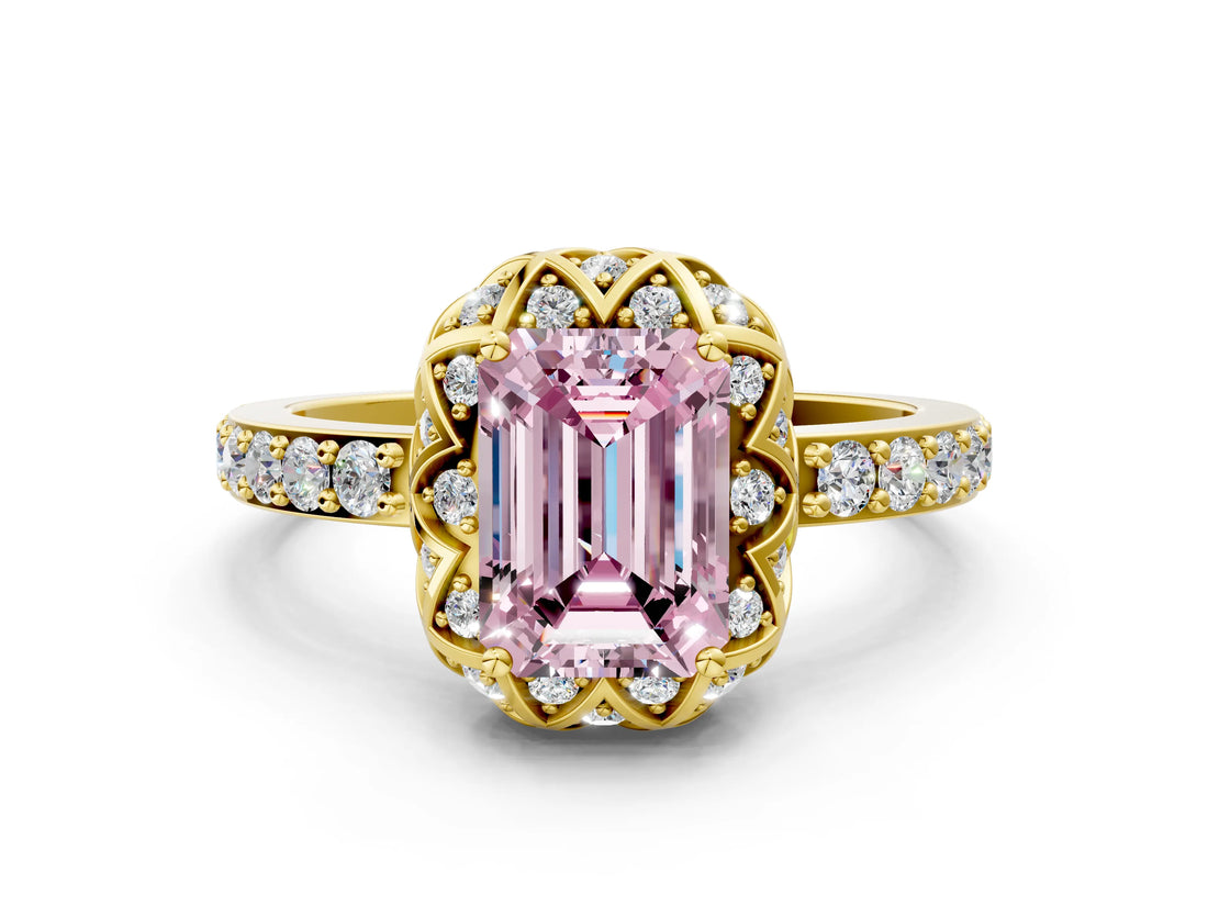 Yellow gold Fancy Pink Emerald Cut Diamond Scalloped Halo Engagement Ring with Round Shared Prong Band_12