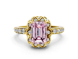 Yellow gold Fancy Pink Emerald Cut Diamond Scalloped Halo Engagement Ring with Round Shared Prong Band_12