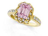 Yellow gold Fancy Pink Emerald Cut Diamond Scalloped Halo Engagement Ring with Round Shared Prong Band_13