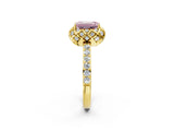 Yellow gold Fancy Pink Emerald Cut Diamond Scalloped Halo Engagement Ring with Round Shared Prong Band_14