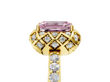 Yellow gold Fancy Pink Emerald Cut Diamond Scalloped Halo Engagement Ring with Round Shared Prong Band_17
