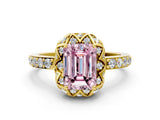 Yellow gold Fancy Pink Emerald Cut Diamond Scalloped Halo Engagement Ring with Round Shared Prong Band_24