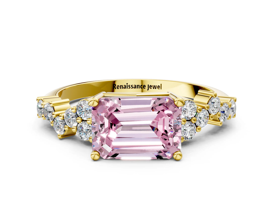Yellow gold Fancy Pink Emerald Cut Diamond Scattered Round Accent Ring with Prong Setting_12