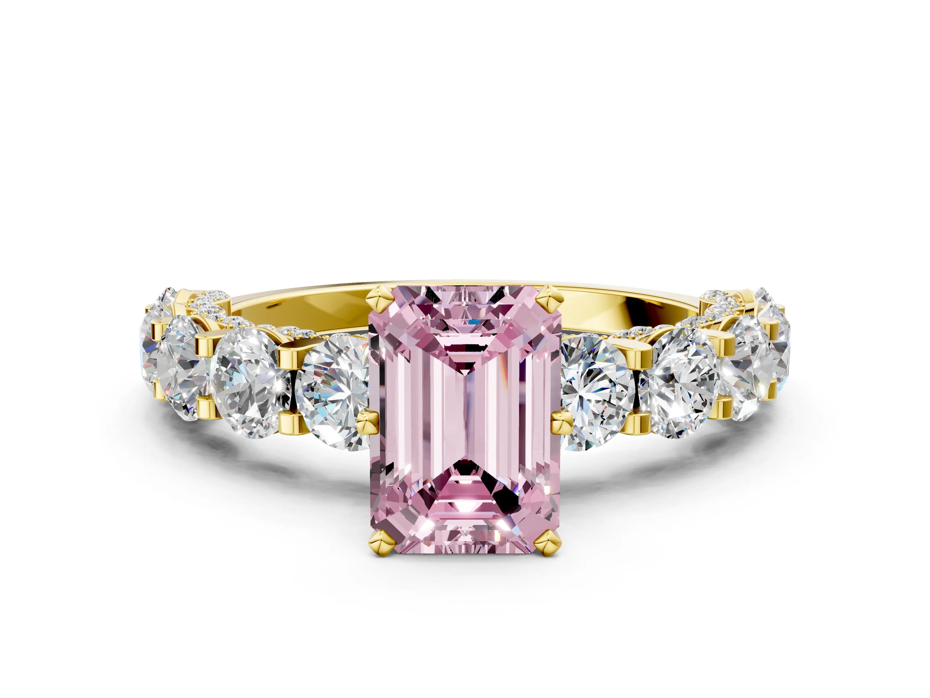 Yellow gold Fancy Pink Emerald Cut Diamond Side Stone Engagement Ring with Four-Prong Setting_24
