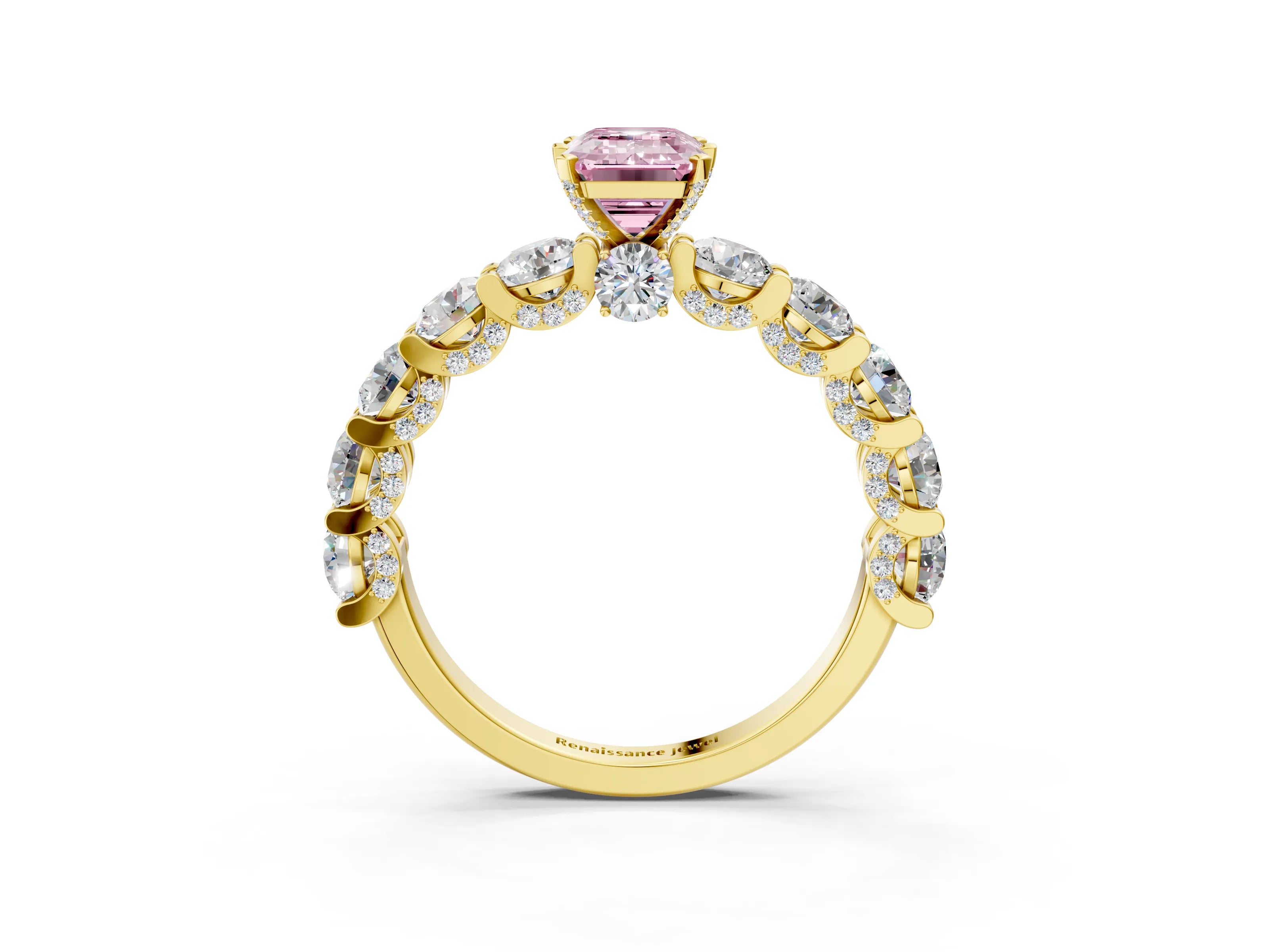 Yellow gold Fancy Pink Emerald Cut Diamond Side Stone Engagement Ring with Four-Prong Setting_27