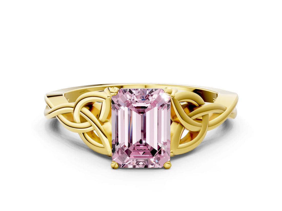 Yellow gold Fancy Pink Emerald Cut Diamond Solitaire Celtic Knot Ring with Four-Prong Setting_57
