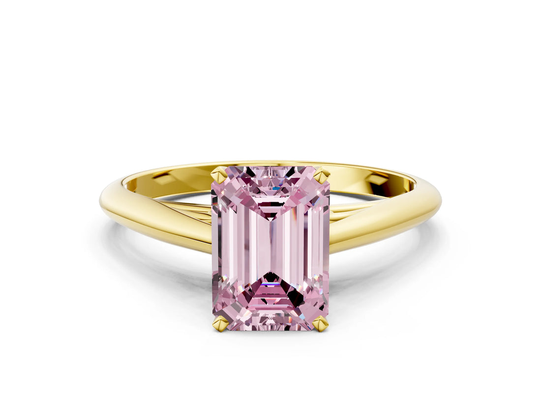 Yellow gold Fancy Pink Emerald Cut Diamond Solitaire Engagement Ring with Cathedral Setting and Four-Prong Mount_111