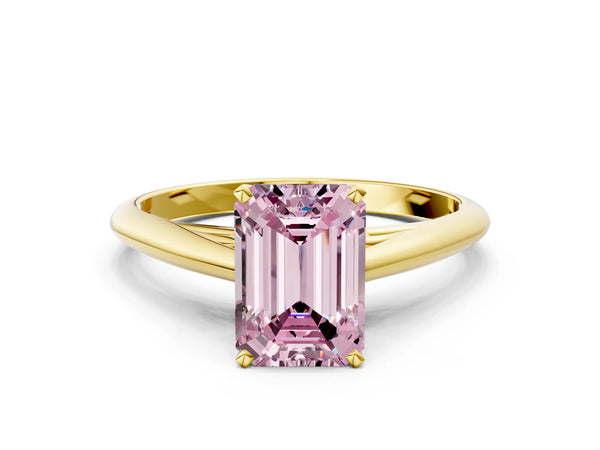 Yellow gold Fancy Pink Emerald Cut Diamond Solitaire Engagement Ring with Cathedral Setting and Four-Prong Mount