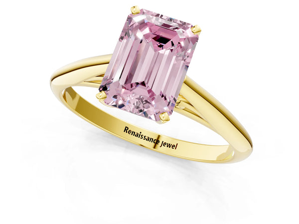 Yellow gold Fancy Pink Emerald Cut Diamond Solitaire Engagement Ring with Cathedral Setting and Four-Prong Mount