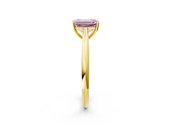 Yellow gold Fancy Pink Emerald Cut Diamond Solitaire Engagement Ring with Cathedral Setting and Four-Prong Mount