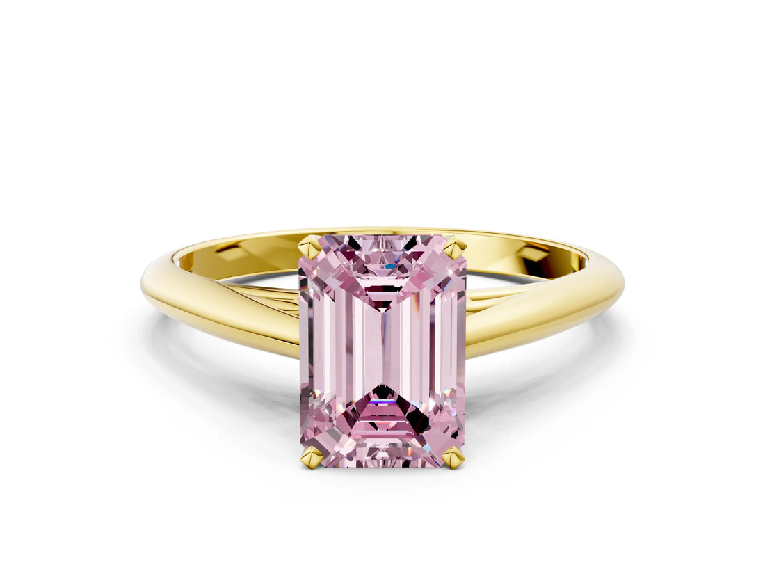 Yellow gold Fancy Pink Emerald Cut Diamond Solitaire Engagement Ring with Cathedral Setting and Four-Prong Mount_78