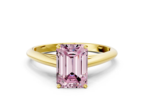 Yellow gold Fancy Pink Emerald Cut Diamond Solitaire Engagement Ring with Cathedral Setting and Four-Prong Mount