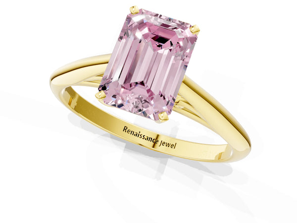 Yellow gold Fancy Pink Emerald Cut Diamond Solitaire Engagement Ring with Cathedral Setting and Four-Prong Mount