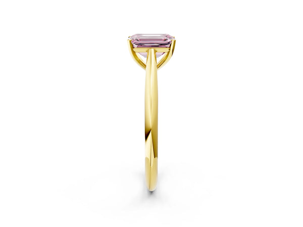Yellow gold Fancy Pink Emerald Cut Diamond Solitaire Engagement Ring with Cathedral Setting and Four-Prong Mount