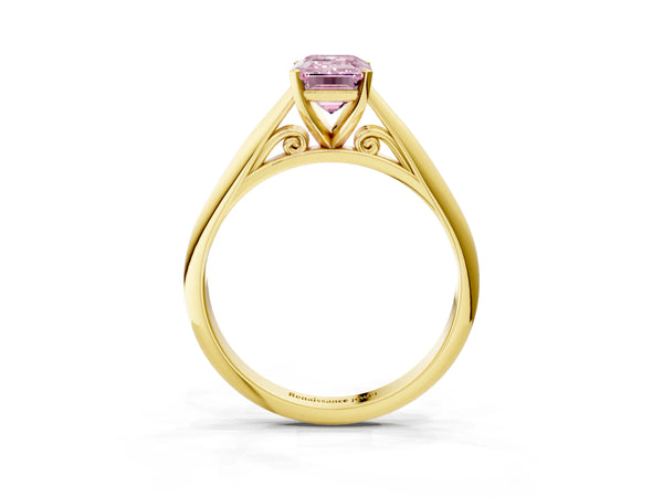 Yellow gold Fancy Pink Emerald Cut Diamond Solitaire Engagement Ring with Cathedral Setting and Four-Prong Mount