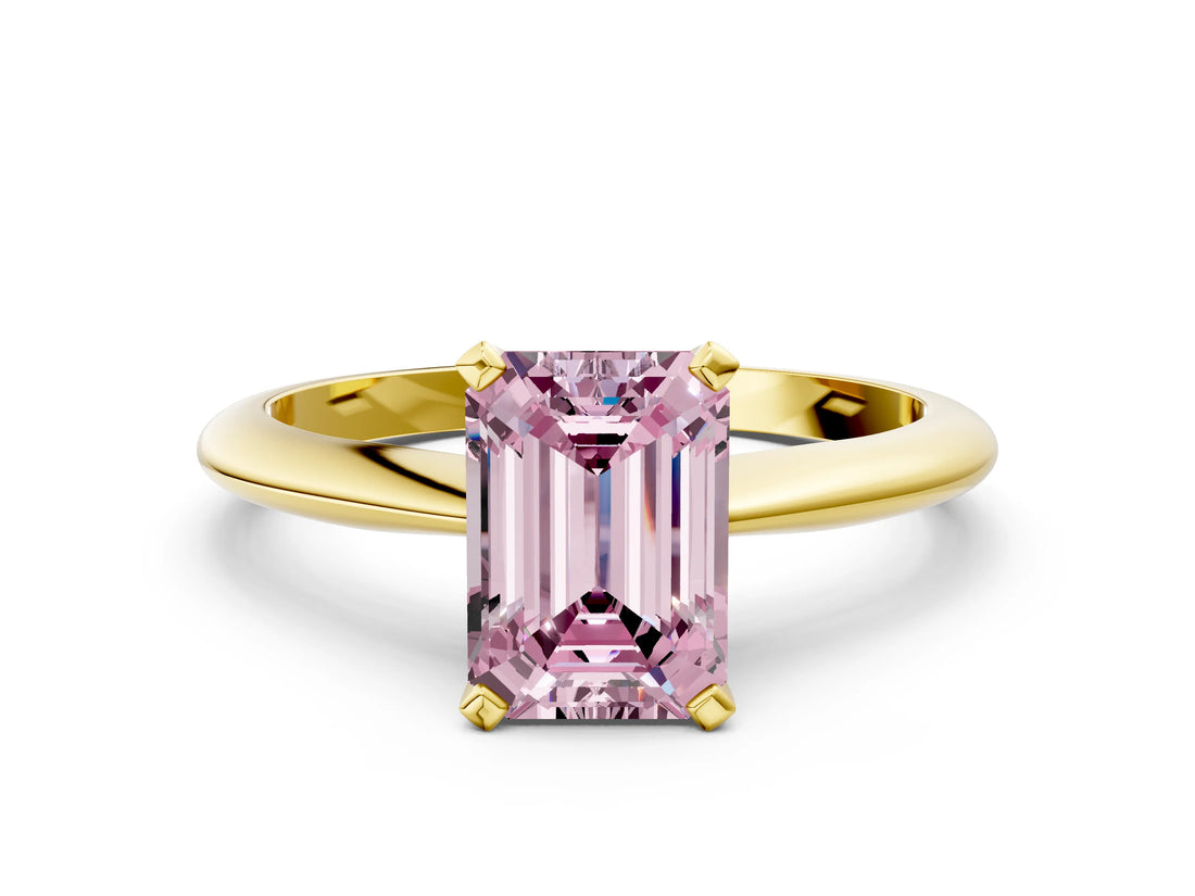 Yellow gold Fancy Pink Emerald Cut Diamond Solitaire Engagement Ring with Classic Band and Four-Prong Setting_36