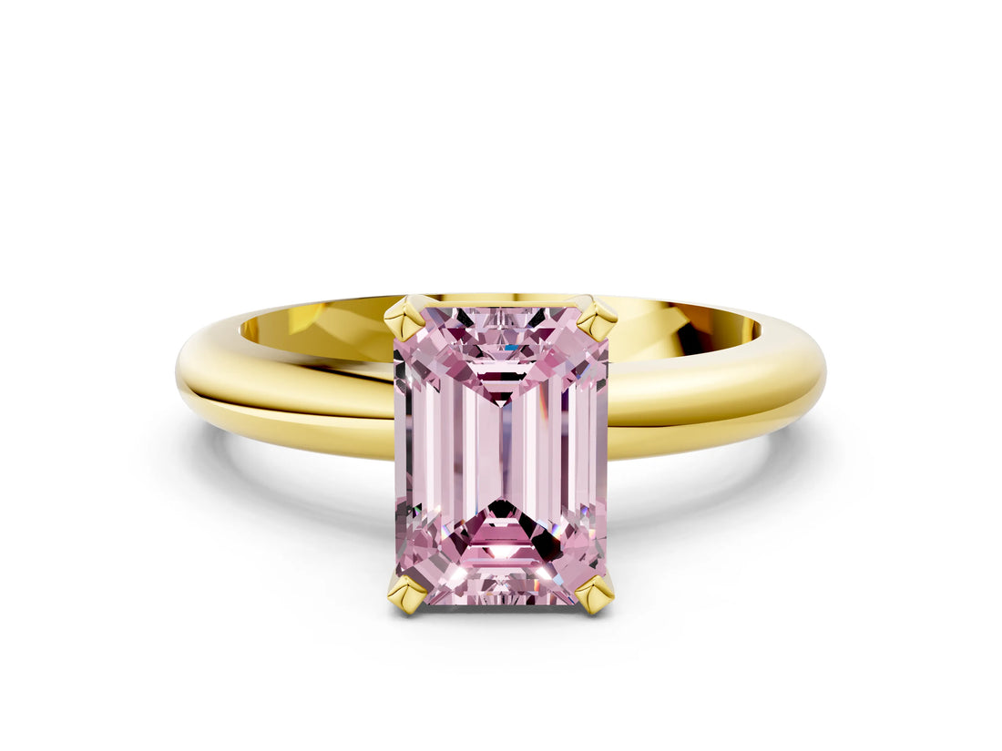 Yellow gold Fancy Pink Emerald Cut Diamond Solitaire Engagement Ring with Round Band and Four-Prong Setting_138