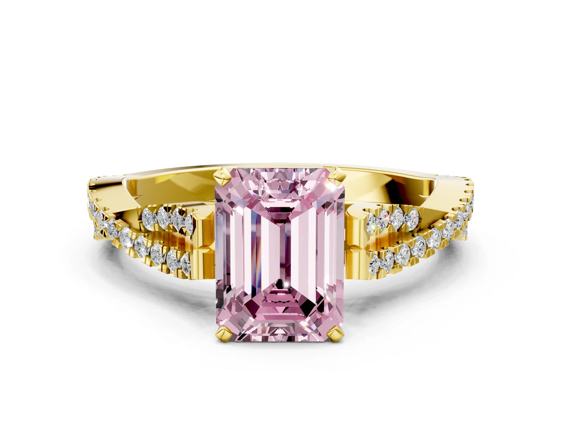 Yellow gold Fancy Pink Emerald Cut Diamond Solitaire Engagement Ring with Twisted Pavé Band and Four-Prong Setting_44