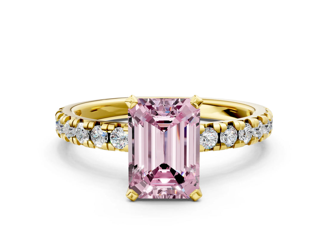Yellow gold Fancy Pink Emerald Cut Diamond Solitaire Pavé Engagement Ring with Round Band and Prong Setting_67