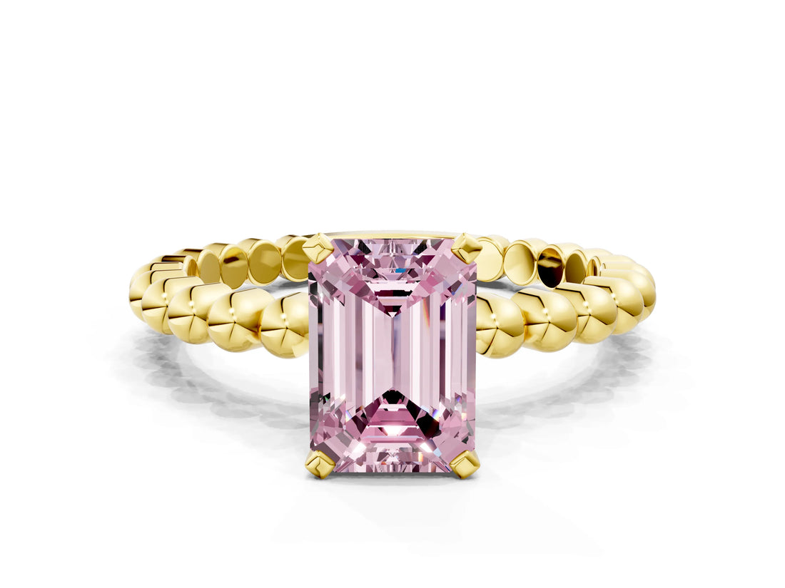Yellow gold Fancy Pink Emerald Cut Diamond Solitaire Ring with Beaded Band and Prong Setting_310