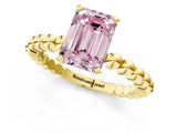 Yellow gold Fancy Pink Emerald Cut Diamond Solitaire Ring with Beaded Band and Prong Setting_311