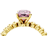 Yellow gold Fancy Pink Emerald Cut Diamond Solitaire Ring with Beaded Band and Prong Setting_314